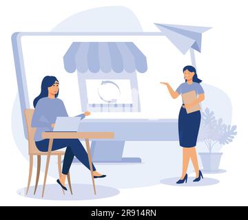 Concetto di business online, drop service, flipping di dominio, opportunità di business, outsourcing, trasporto di goccia, web hosting, vendite di social media, vettore piatto Illustrazione Vettoriale