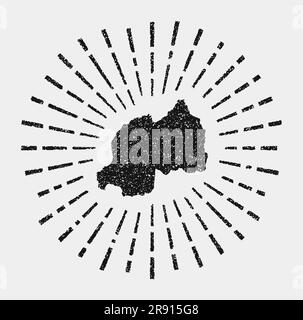 Mappa d'epoca del Ruanda. Il grunge Sunburst in tutto il paese. Forma in Ruanda nera con raggi del sole su sfondo bianco. Illustrazione vettoriale. Illustrazione Vettoriale