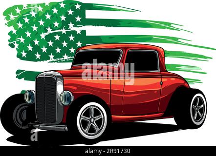 illustrazione vettoriale di hot rod con bandiera americana Illustrazione Vettoriale