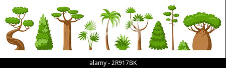 Alberi piani e cespugli. Vista laterale delle piante tropicali stilizzate color verde intenso. Acero abete rosso baobab palma sequoia dracaena cipresso thuja quercia di pino acacia. Giardino di arboreto boschivo verde dei cartoni animati Illustrazione Vettoriale