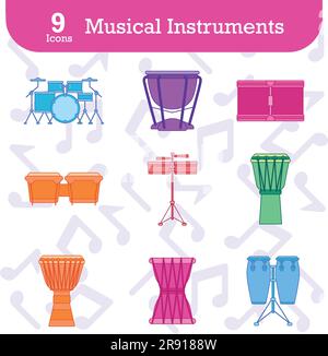 Set di icone colorate di strumenti musicali Vector Illustrazione Vettoriale