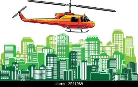 illustrazione vettoriale dell'elicottero sopra la città su sfondo bianco Illustrazione Vettoriale