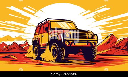 SUV selvaggio che si crogiolano nel deserto su un enorme sfondo solare. 4x4 sport, safari fuoristrada avventura orizzontale banner vettore illustrazione. Illustrazione Vettoriale