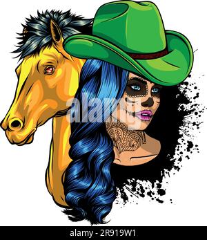 illustrazione vettoriale di bella cowgirl che indossa cappello da cowboy e testa di cavallo Illustrazione Vettoriale