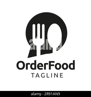 Logo Message food tecnologia design messaggio bolla silhouette che significa simbolo di forcella e cucchiaio illustrazione vettoriale Illustrazione Vettoriale