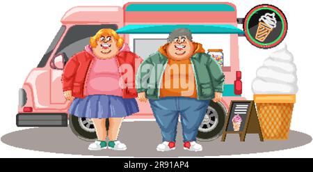 Coppia in sovrappeso davanti all'illustrazione del camion per gelati Illustrazione Vettoriale