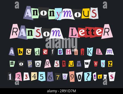 Riscatto carattere anonimo di ritaglio per giornali con lettera a richiesta - progetta la tua nota di reato di ricatto personalizzato con questo set di lettere vettoriali. Illustrazione Vettoriale