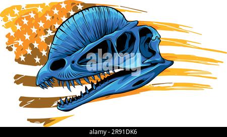 Dilophosaurus dinosauro cranio fossile con bandiera americana Illustrazione Vettoriale