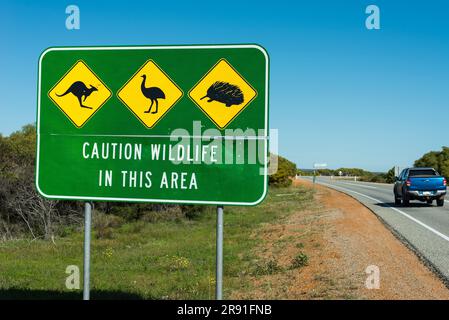 Cartello stradale australiano classico su una strada dell'Outback nell'Australia Occidentale Foto Stock