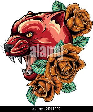 Illustrazione vettoriale di Panther con fiore di rose Illustrazione Vettoriale