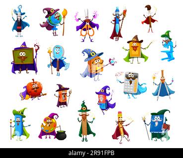 Cartoni animati mago della cancelleria di Halloween, stregone, mago, stregone e personaggi delle streghe. Libro di testo vettoriale, penna, zaino, matita e calcolatrice. Gomma, globo, bussola, forbici e vernici con mela Illustrazione Vettoriale