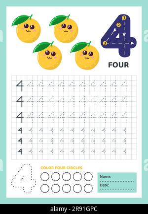 Foglio di lavoro per il tracciamento dei numeri per bambini. Attività grafica. Illustrazione Vettoriale