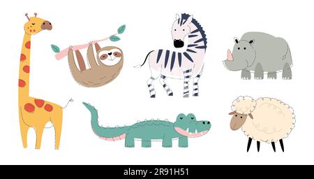 Animali selvatici Set 4 . Disegno a forma piatta e linea a matita . Vettore . Illustrazione Vettoriale