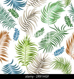 Motivo senza cuciture con foglie tropicali di palma su sfondo bianco. Sfondo vettore botanico, sfondo giungla. Illustrazione Vettoriale