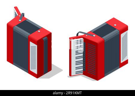 Vecchia fisarmonica isometrica rossa isolata su sfondo bianco Illustrazione Vettoriale