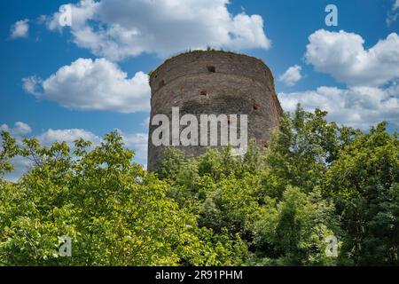 Antica torre medievale di Stephen Bathory in pietra. Fa parte del vecchio complesso fortificato della città del castello di Kamianets-Podilskyi, Ucraina. Foto Stock