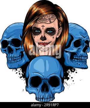 Illustrazione vettoriale di ragazza morta con teschi. Illustrazione Vettoriale