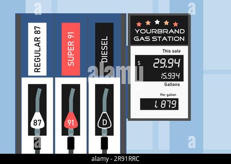 Pompa carburante presso una stazione di servizio americana generica. 2004 prezzo del gas economico negli Stati Uniti. Illustrazione Vettoriale