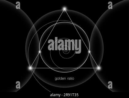 Cerchi a incastro, triangoli e spirali hipster, illustrazione della geometria sacra con rapporto dorato, spirale fibonacci. Vettore linea bianca isolato su bl Illustrazione Vettoriale