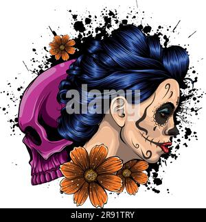 Illustrazione vettoriale di ragazza morta con cranio Illustrazione Vettoriale