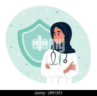 medico donna. Consultazione medica online .Shield, concetto di assistenza sanitaria. Concetto di assicurazione sanitaria. Scudo del sistema immunitario. Illustrazione Vettoriale
