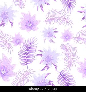Fantasia vettoriale giungla tropicale senza cuciture con foglie di palme viola e fiori, sfondo per matrimoni, biglietti d'invito, tessuto, stampa. Illustrazione Vettoriale