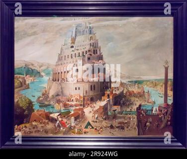 Torre di Babele dipinto ad olio su legno di Abel Grimmer, Anversa, Belgio 1595 nel Museo del Louvre, Abu Dhabi, Emirati Arabi Uniti Foto Stock