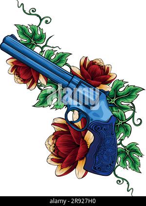 Illustrazione vettoriale del colore di Revolver e fiori Illustrazione Vettoriale