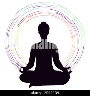 Yoga in silhouette persona pratica yoga in posa meditativa al loto. Illustrazione vettoriale circolare arcobaleno isolata su sfondo bianco Illustrazione Vettoriale