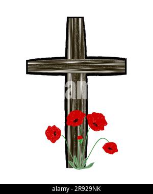 Lapide del cimitero con papaveri. Croce nera elemento di design testurizzato Grunge illustrazione vettoriale per il giorno della memoria, Anzac Day Illustrazione Vettoriale