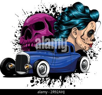 illustrazione vewctor di auto hot rod con donna e cranio Illustrazione Vettoriale