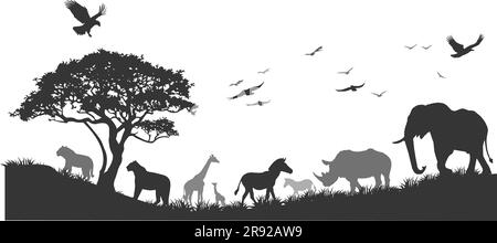savana africana tropicale vettoriale senza saldatura orizzontale con leoni, elefanti, zebre, rinoceronti, travi, avvoltoio, airone, iena e gru coronata. Illustrazione Vettoriale