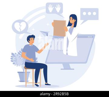 Concetto di salute mentale, servizio psicologo, psicologia della famiglia, terapia dei bambini, attacco di panico, social network, disegno piatto vettoriale moderno Illustrazione Vettoriale