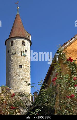 Torre circolare della città nella città vecchia, Germania, Baden-Wuerttemberg, Landkreis Schwaebisch Hall, Kirchberg an der Jagst Foto Stock