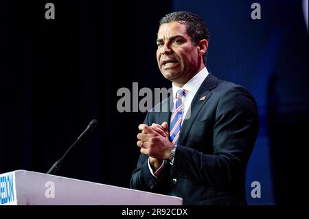 23 giugno 2023, Washington, Distretto di Columbia, USA: FRANCIS SUAREZ, Sindaco di Miami, Florida, che parla alla Conferenza della Faith & Freedom Coalition Road to Majority Policy Conference a Washington, DC. (Immagine di credito: © Michael Brochstein/ZUMA Press Wire) SOLO USO EDITORIALE! Non per USO commerciale! Foto Stock