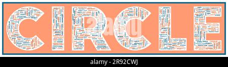Testo CIRCOLARE riempito con parole chiave correlate di varie dimensioni. Cerchio nuvola di parole. Illustrazione vettore radiante. Illustrazione Vettoriale