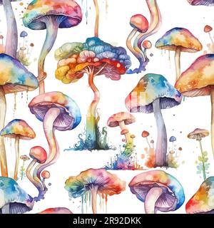 Funghi multicolore ad acquerello con motivo senza cuciture. Illustrazione vettoriale Illustrazione Vettoriale