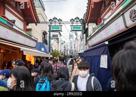 Quartiere di Asakusa Tokyo, negozi di strada Nakimese e gente che conduce al tempio Sensoji, il tempio più antico di Tokyo, Giappone, Asia, 2023 Foto Stock