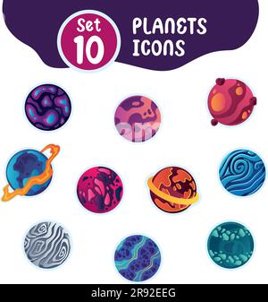 Set di icone di pianeta fantascientifico di colori diversi Vector Illustrazione Vettoriale