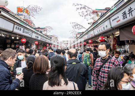 Quartiere di Asakusa Tokyo, negozi di strada Nakimese e gente che conduce al tempio Sensoji, il tempio più antico di Tokyo, Giappone, Asia, 2023 Foto Stock