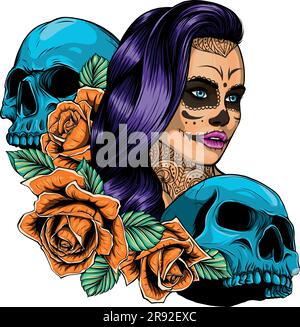 Illustrazione vettoriale della ragazza morta con due teschi. Illustrazione Vettoriale