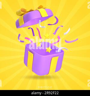 Poster con confezione regalo 3d con fetti volanti e stelle. Firecracker, simbolo della sorpresa. Presentare Box per la festa di compleanno, anniversario. Stile cartone animato. V Illustrazione Vettoriale