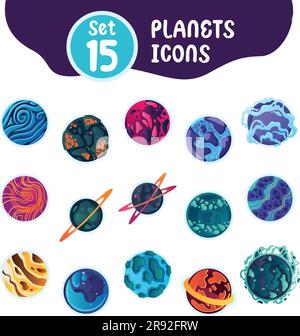 Set di icone di pianeta fantascientifico di colori diversi Vector Illustrazione Vettoriale