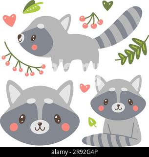 Carino set di procioni dei cartoni animati. Divertente collezione di procioni. Design dei personaggi dei cartoni animati. Illustrazione vettoriale piatta isolata su sfondo bianco Illustrazione Vettoriale