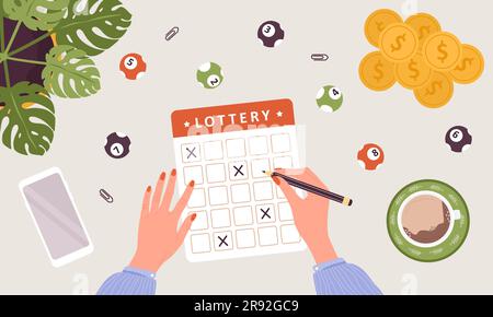 Gioco della lotteria. Disegno a mano femminile di croci sul biglietto con penna. La gente gioca d'azzardo. Vista dall'alto con palle e monete. La ragazza vuole vincere un premio in denaro. Vettore Illustrazione Vettoriale