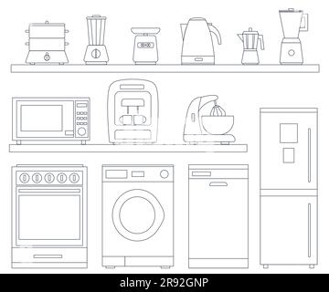 Set di icone della linea di elettrodomestici. Illustrazione vettoriale con contorno sottile isolata su sfondo bianco. Illustrazione Vettoriale