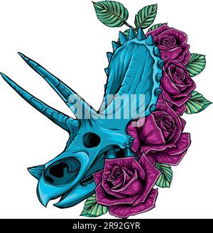 Disegno di cranio Triceratops con rosa su sfondo bianco Illustrazione Vettoriale