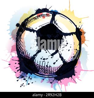Pallina da calcio su sfondo colorato ad acquerello. Illustrazione di uno schizzo vettoriale disegnato a mano. Concetto di campionato di calcio. Sport Illustrazione Vettoriale