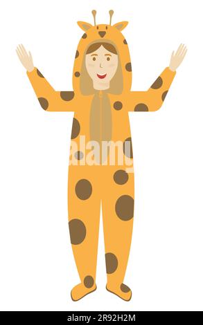 Giraffa Kid in pigiama animale. I bambini indossano un panno per il pigiama, un simpatico pigiama o un costume animale. Halloween, pigiama o abito da festa di compleanno. Vect isolato Illustrazione Vettoriale