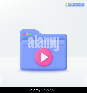Cartella con simbolo dell'icona di riproduzione. Istruzione e intrattenimento, negozio di contenuti multimediali, video o giochi, ricerca comoda, dati memorizzati, concetto di gestione dei file. Il vettore 3D è Illustrazione Vettoriale